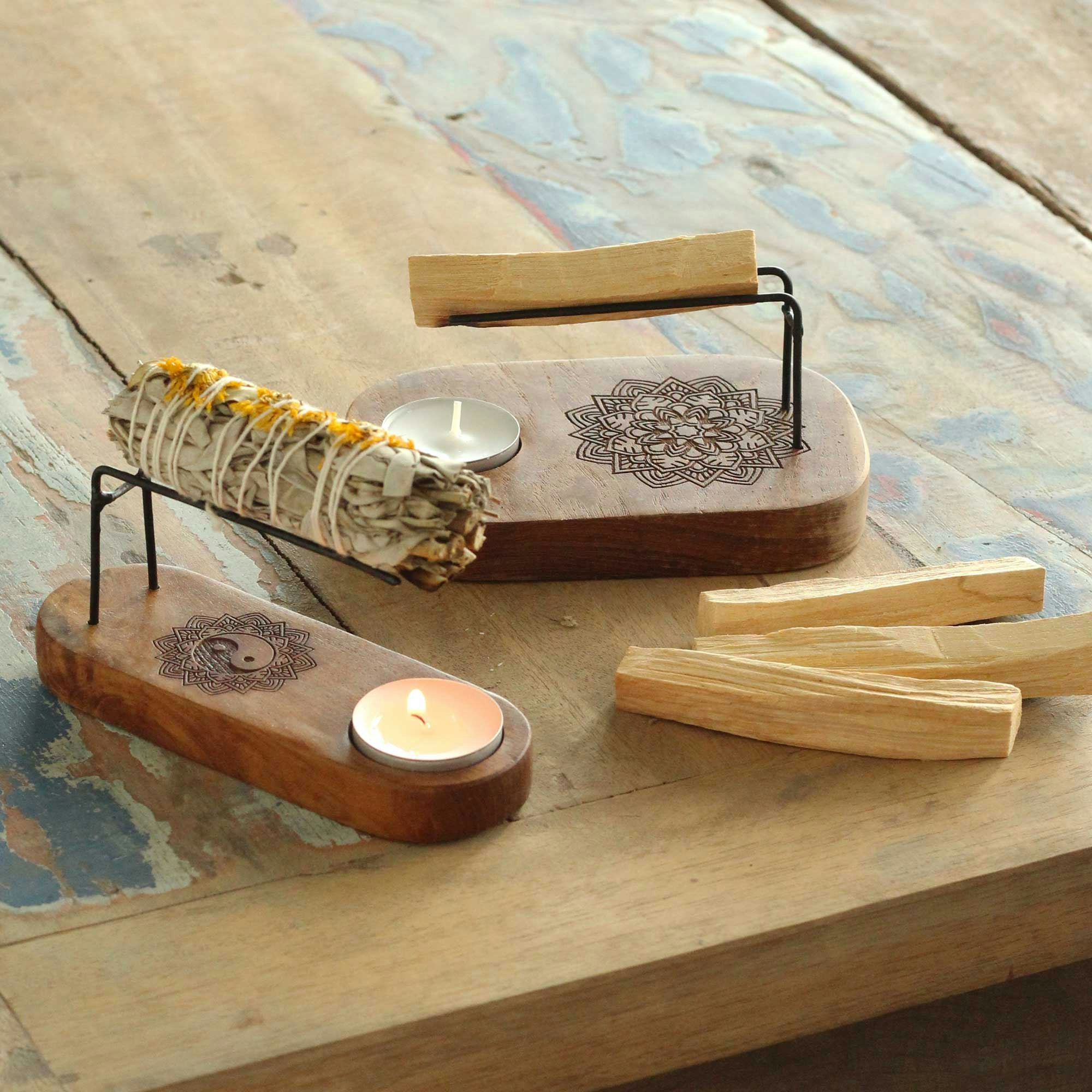 Palo Santo & Salvia-brännare, rökelsehållare i teak Tree Of Life