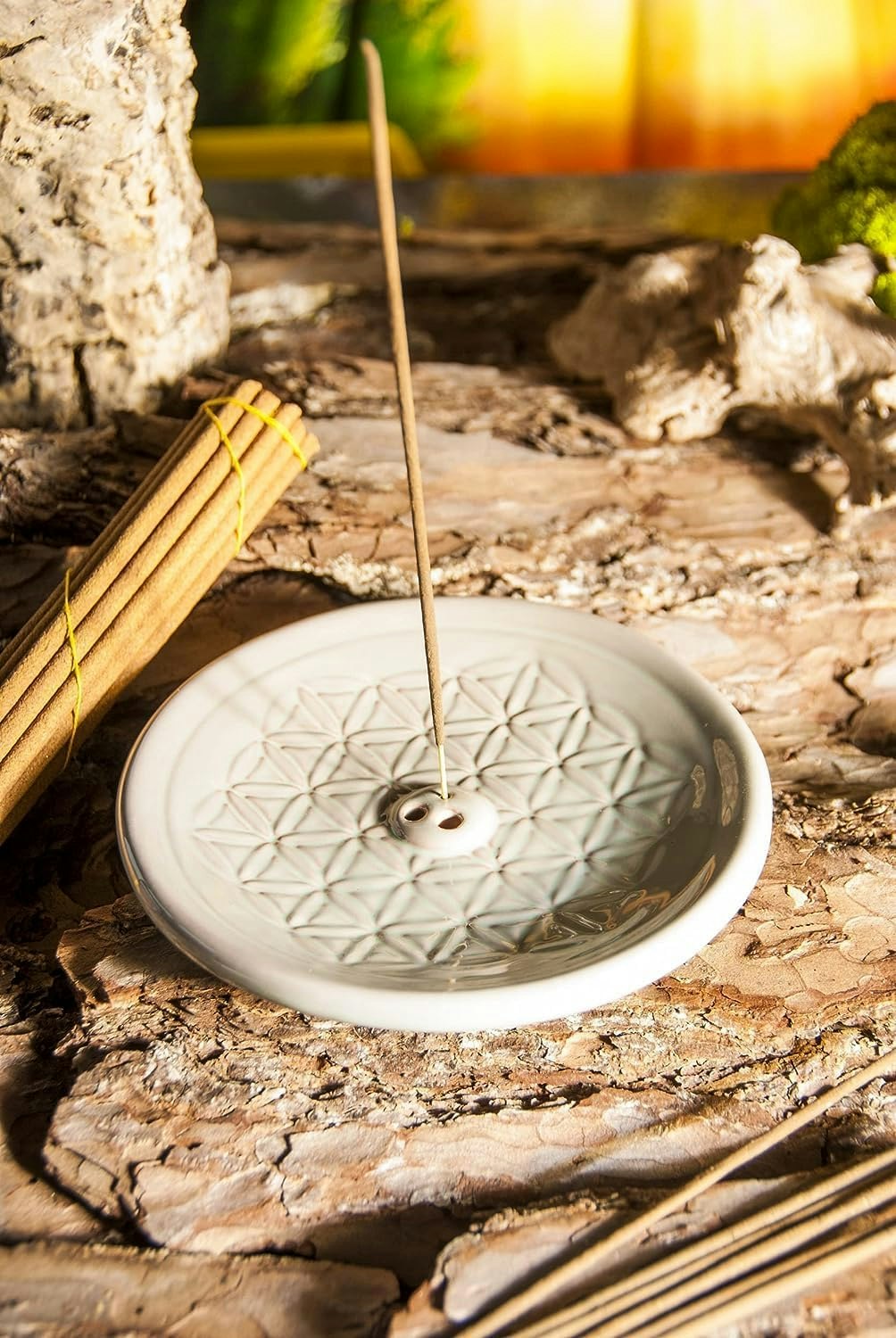 Rökelsehållare i keramik, Flower Of Life rund grå