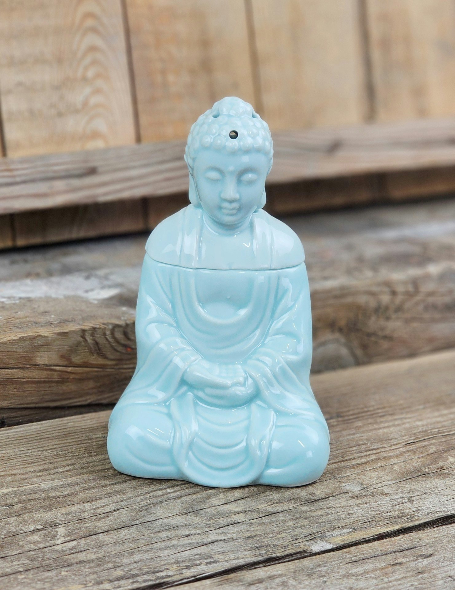 Aromalampa, diffuser ljusblå keramik sitting Buddha