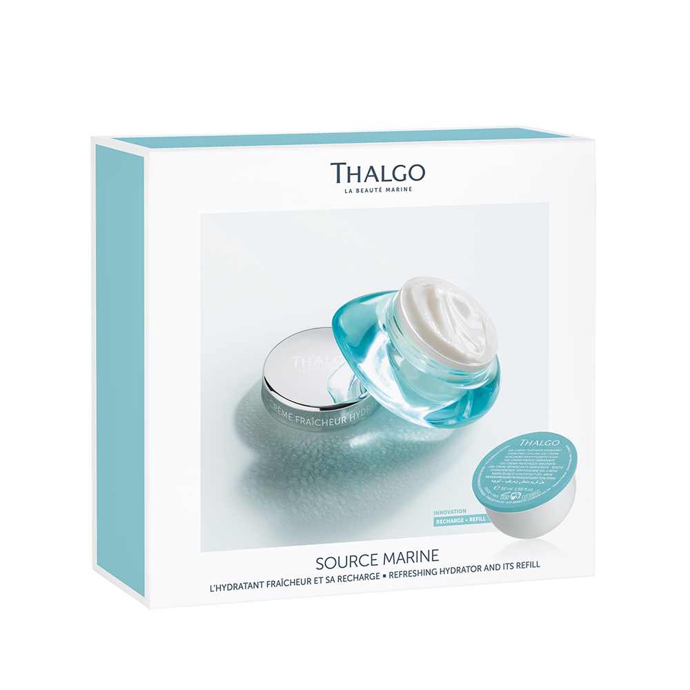 Thalgo Refreshing Hydrator Kit med refill - Source Marine Hydrating Cooling Gel Cream - 50 ml + 50 ml + Strand veske. En perfekt lett sommer fuktighetskrem.