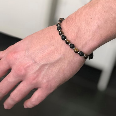 Beadsarmband, Tigeröga + lavasten, brun/svart