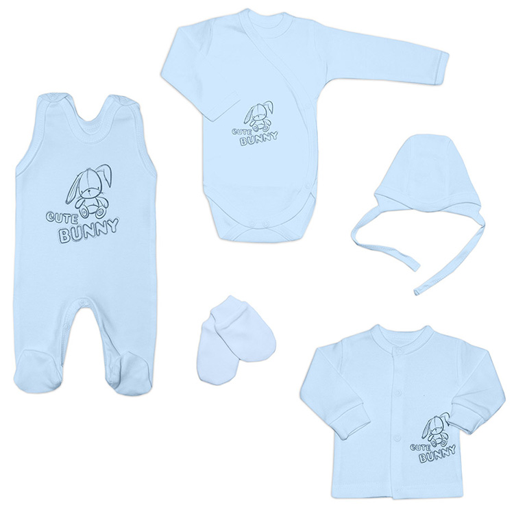 Startpaket i fem delar. Blå tröja, sparkdräkt, body, vantar och mössa från kollektionen Cute Bunny