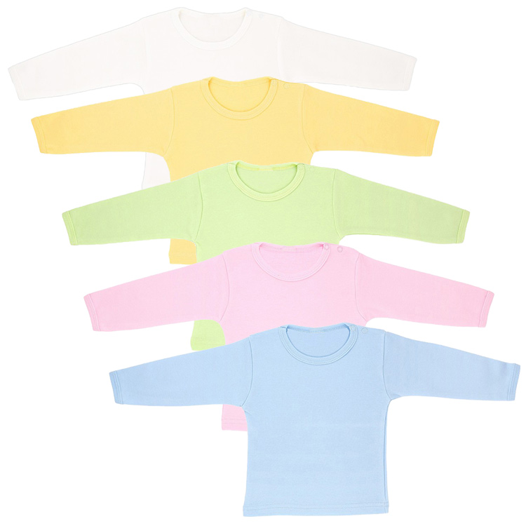 Fem långärmade tröjor i färgerna blå rosa grön gul och vit.