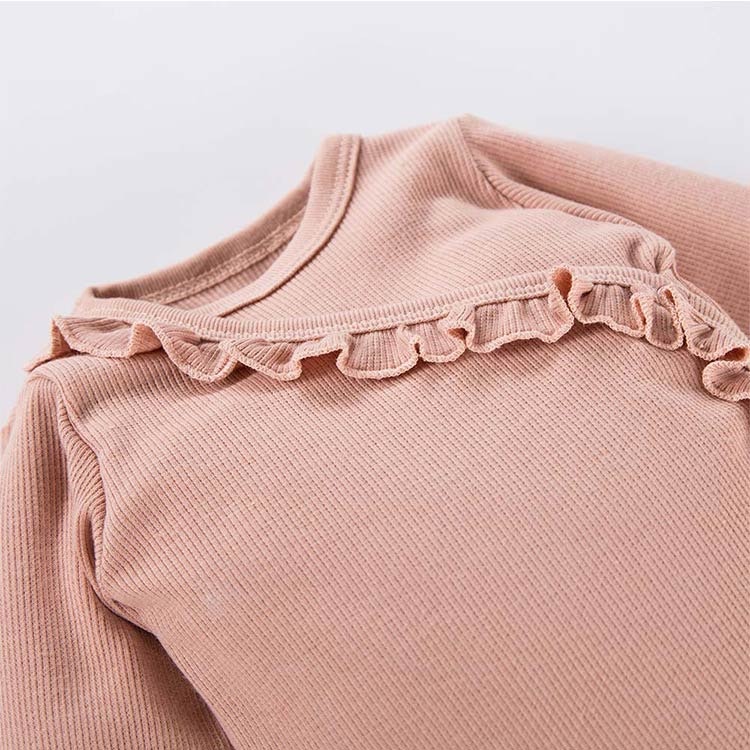 Volang Ribbad beige-rosa omlottbody med volang - Bloom