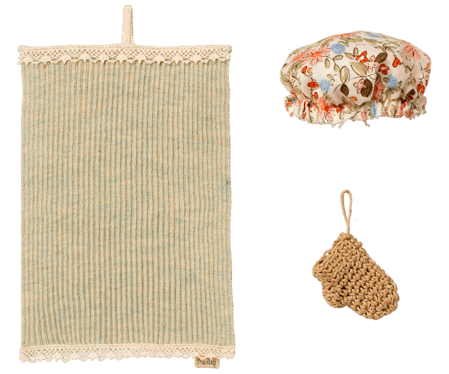 Maileg Dusch Kit Set med Handduk Badmössa och Skrubbhandske