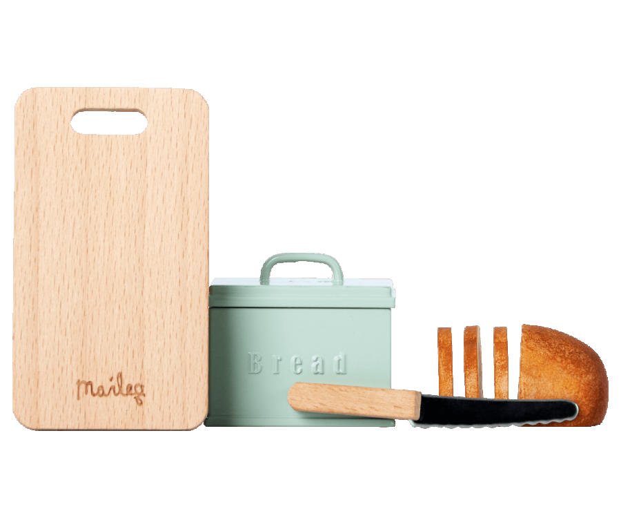 Maileg Set Brödbox och Skärbräda med Kniv och Bröd