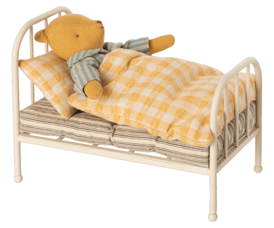Maileg Säng Vintage med Täcke och Kudde Rutigt Gul - Teddy Junior
