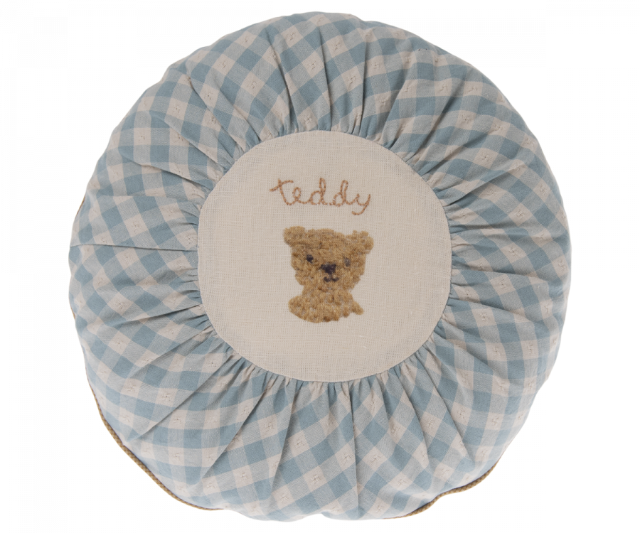 Maileg Rund Kudde Teddy Rutig Blå