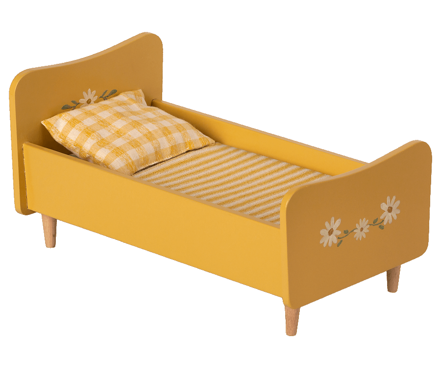 Maileg Stor Säng i Trä Gul - Wooden Bed Teddy Träsäng med Målade Detaljer Blommor