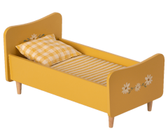 Maileg Stor Säng i Trä Gul - Wooden Bed Teddy Träsäng med Målade Detaljer Blommor