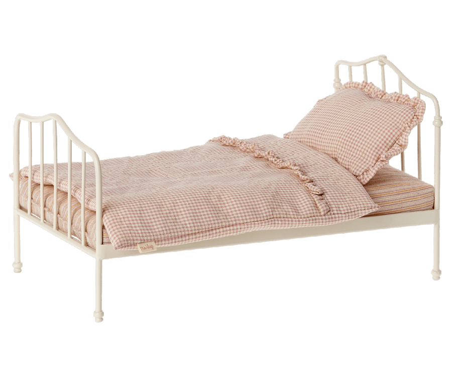 Maileg Säng till Kanin i Vit Metall - Rosa Rutig Bäddning med Volang