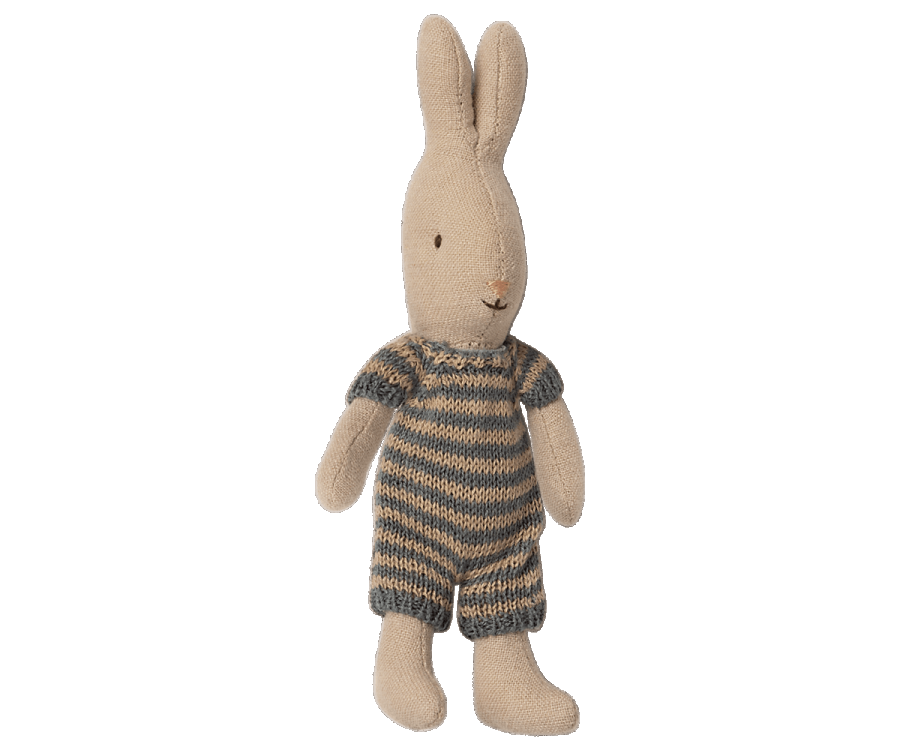Maileg Kaninbebis Micro Rabbit Med Randig Sparkdräkt Mörkblå Blå