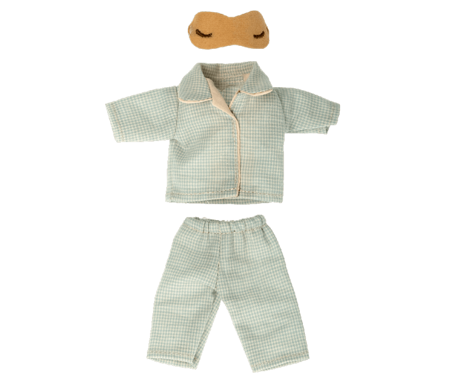 Maileg Pyjamas till Pappa Mus - Blå rutig Pyjamas och Gul Sovmask