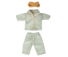Maileg Pyjamas till Pappa Mus - Blå rutig Pyjamas och Gul Sovmask