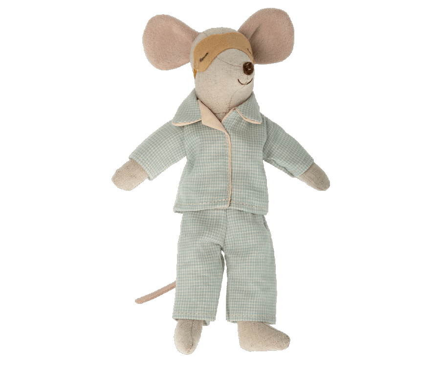 Maileg Pyjamas till Pappa Mus - Blå rutig Pyjamas och Gul Sovmask