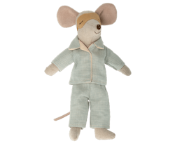 Maileg Pyjamas till Pappa Mus - Blå rutig Pyjamas och Gul Sovmask