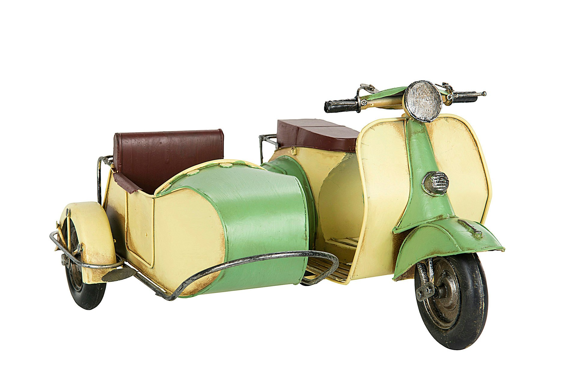 Vintage Vespa Motorcykel med Sidovagn i Plåt Grön Gul A Lot Decorations Dekoration till Barnrummet