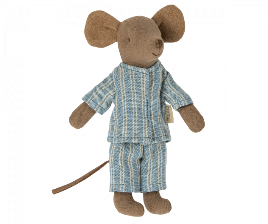 Maileg Storebror Brun Mus i Bäddad Ask med Blå Randig Pyjamas