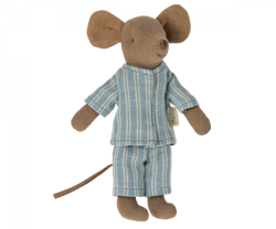 Maileg Storebror Brun Mus i Bäddad Ask med Blå Randig Pyjamas