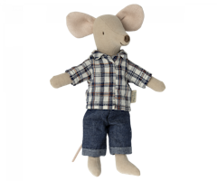 Maileg Pappa Mus med Blå Rutig Skjorta och Jeans