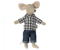 Maileg Pappa Mus med Blå Rutig Skjorta och Jeans