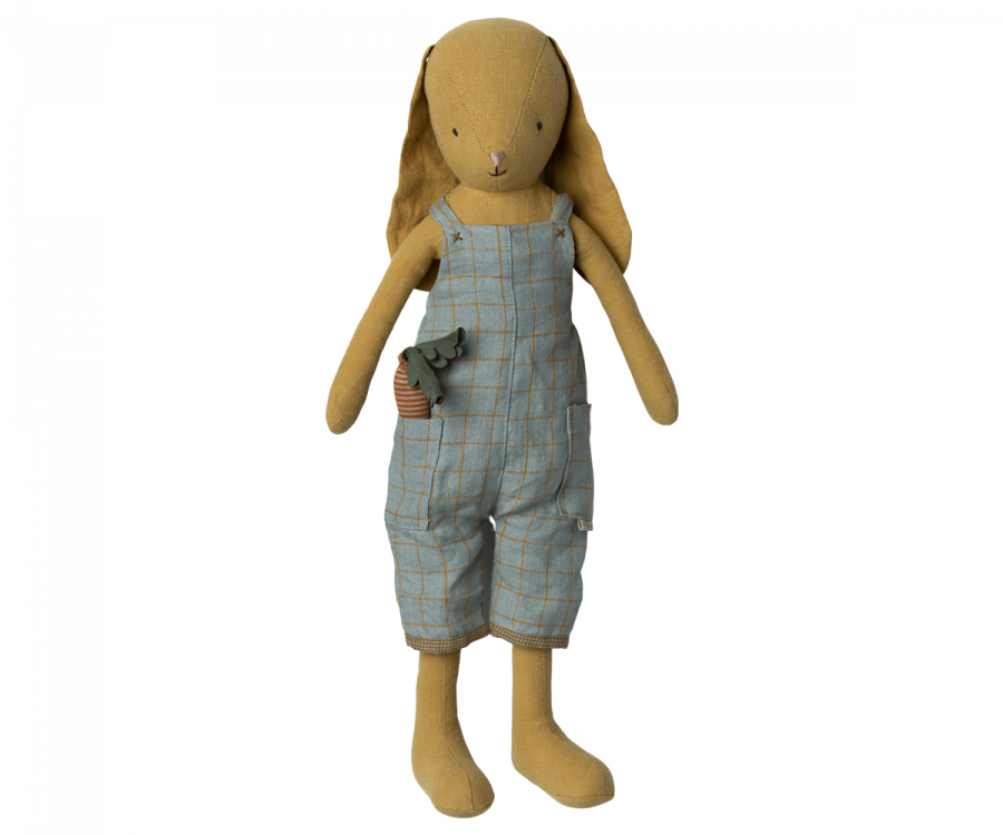 Maileg Gul Kanin Strl 3 - Bunny med Rutiga Blå Hängselbyxor och Morot