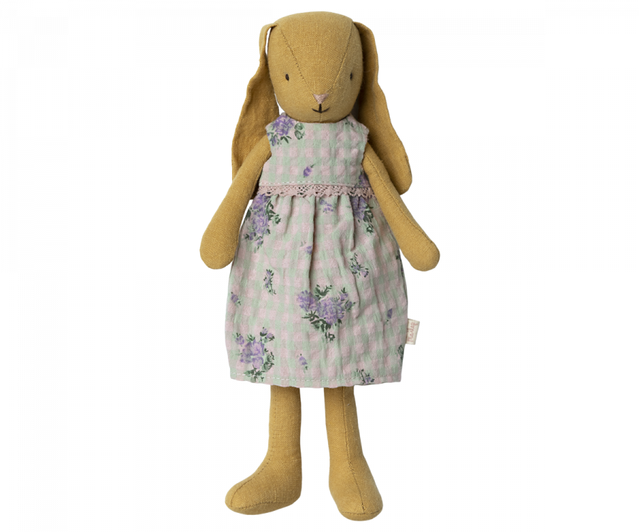 Maileg Gul Kanin Storlek 2 - Bunny med Lila Blommig Klänning
