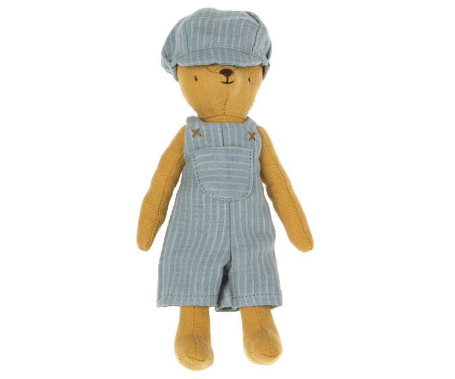 Maileg Kläder till Teddy Junior - Randiga Hängselbyxor och Keps Blå
