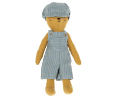 Maileg Kläder till Teddy Junior - Randiga Hängselbyxor och Keps Blå