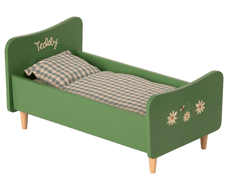 Maileg Stor Säng i Trä Grön - Wooden Bed Teddy Träsäng med Målade Detaljer Blommor