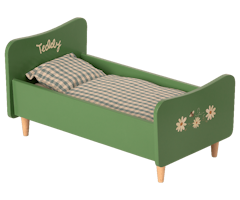 Maileg Stor Säng i Trä Grön - Wooden Bed Teddy Träsäng med Målade Detaljer Blommor