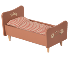 Maileg Stor Säng i Trä Rosa - Wooden Bed Teddy Träsäng med Målade Detaljer Blommor