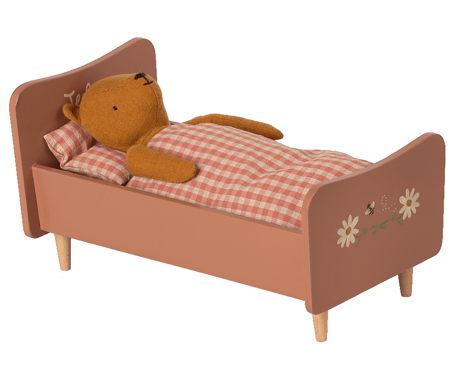 Maileg Stor Säng i Trä Rosa - Wooden Bed Teddy Träsäng med Målade Detaljer Blommor