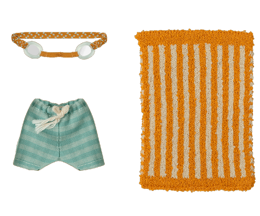 Maileg Strandset till Storebror Mus med Blå Rutiga Badbyxor Handduk och Simglasögon