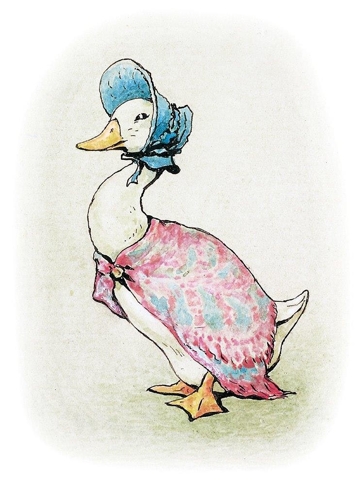 Jemima Puddleduck med Baige Bakgrund - Pelle Kanin Dubbelvikt Kort Litet Anka med Sjalett ( Passar Fint som Tavla i Dockskåpet )