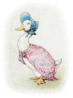 Jemima Puddleduck med Baige Bakgrund - Pelle Kanin Dubbelvikt Kort Litet Anka med Sjalett ( Passar Fint som Tavla i Dockskåpet )