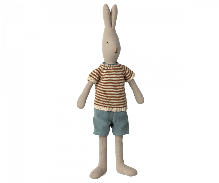 Maileg Kanin Strl 3 - Rabbit med Brun Stickad Randig Tröja och Blå Shorts