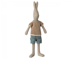 Maileg Kanin Strl 3 - Rabbit med Brun Stickad Randig Tröja och Blå Shorts