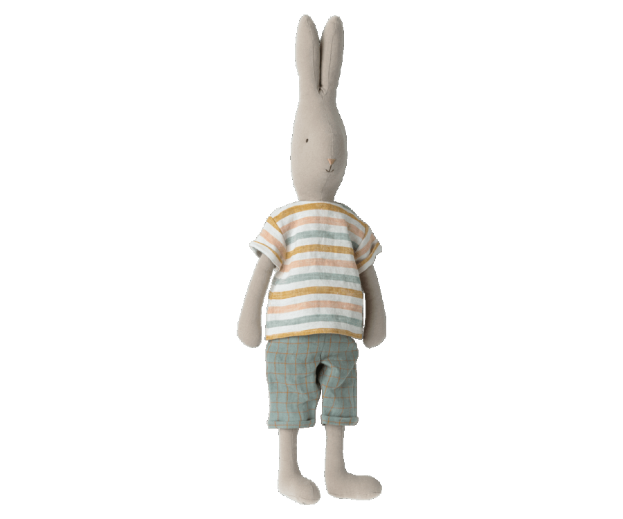 Maileg Kanin Strl 4 - Rabbit med Pastell Randig Tröja och Blå Byxor