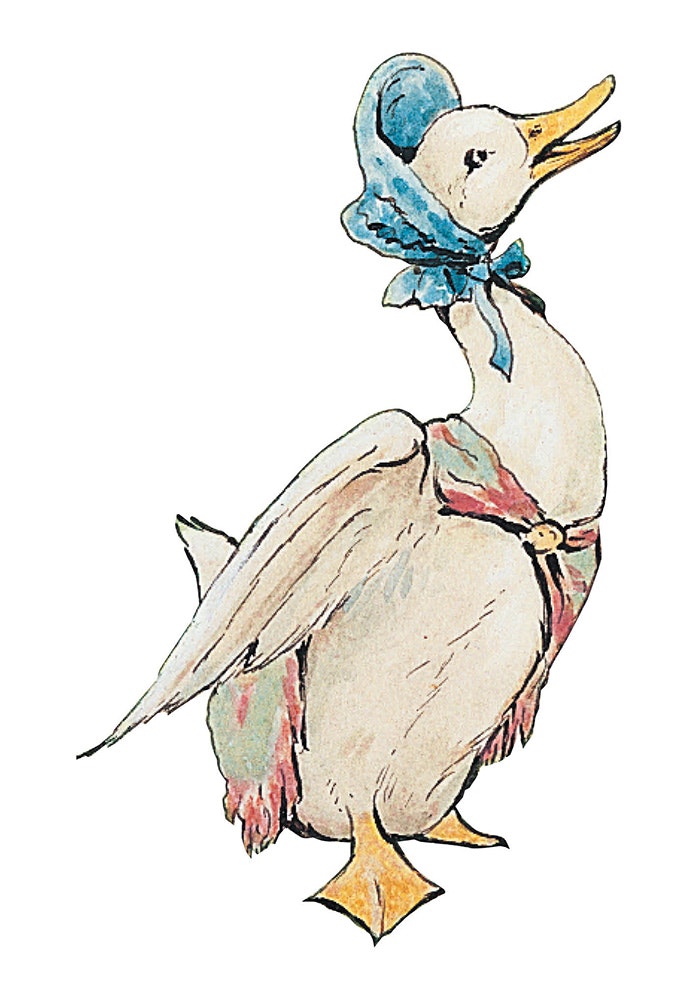 Jemima Puddle Duck Sträcker på Sig - Pelle Kanin Anka med Sjalett Dubbelvikt Kort Litet ( Passar Fint som Tavla i Dockskåpet )