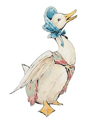 Jemima Puddle Duck Sträcker på Sig - Pelle Kanin Anka med Sjalett Dubbelvikt Kort Litet ( Passar Fint som Tavla i Dockskåpet )