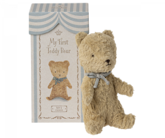 Maileg Min Första Teddy Nalle i Ask - Plysch Nalle med Rosett Blå Present till Nyfödd