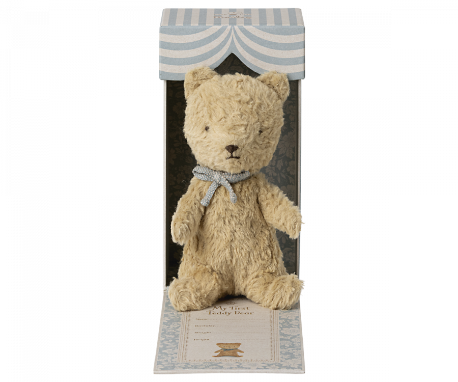Maileg Min Första Teddy Nalle i Ask - Plysch Nalle med Rosett Blå Present till Nyfödd
