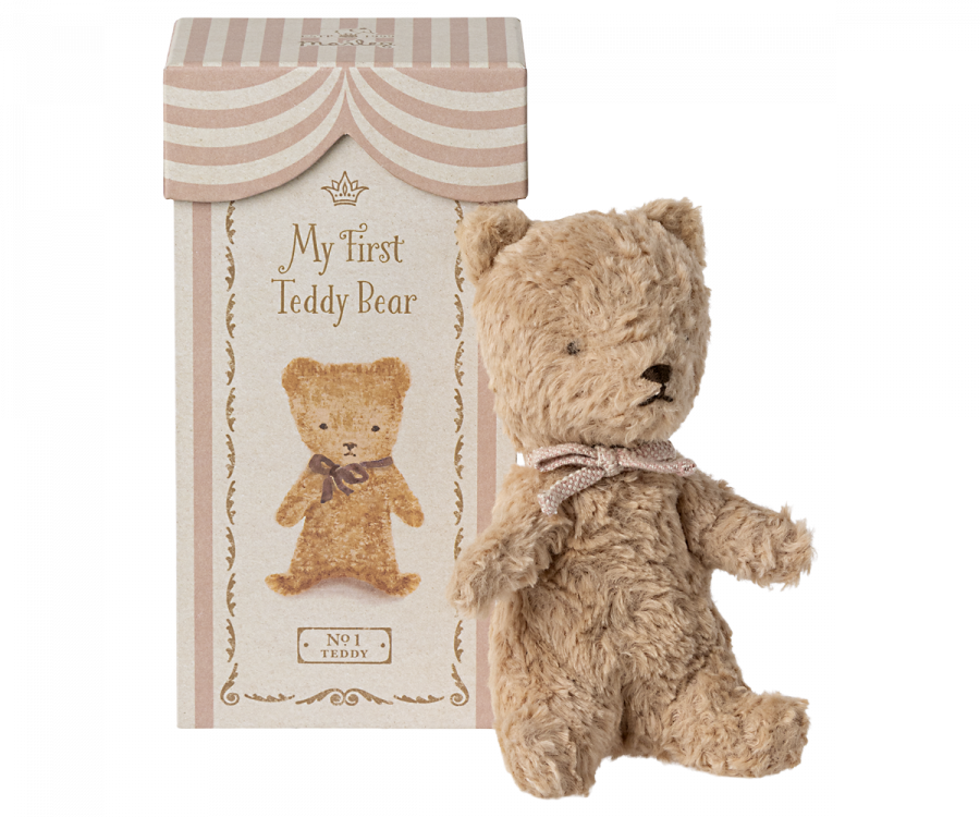 Maileg Min Första Teddy Nalle i Ask - Plysch Nalle med Rosett Rosa Present till Nyfödd