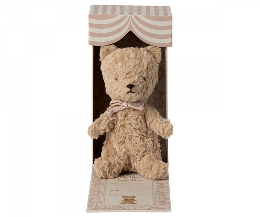 Maileg Min Första Teddy Nalle i Ask - Plysch Nalle med Rosett Rosa Present till Nyfödd