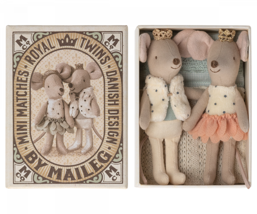 Maileg Royal Twins i Bäddad Ask Rosa - Tvillingar Lillebror Prins Lillasyster Prinsessa Mus med Krona