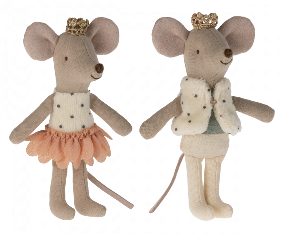 Maileg Royal Twins i Bäddad Ask Rosa - Tvillingar Lillebror Prins Lillasyster Prinsessa Mus med Krona