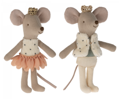 Maileg Royal Twins i Bäddad Ask Rosa - Tvillingar Lillebror Prins Lillasyster Prinsessa Mus med Krona