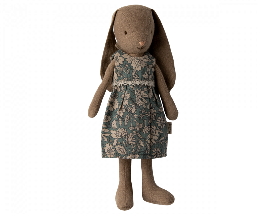 Maileg Brun Kanin storlek 1 - Bunny med Blå Blommig Klänning