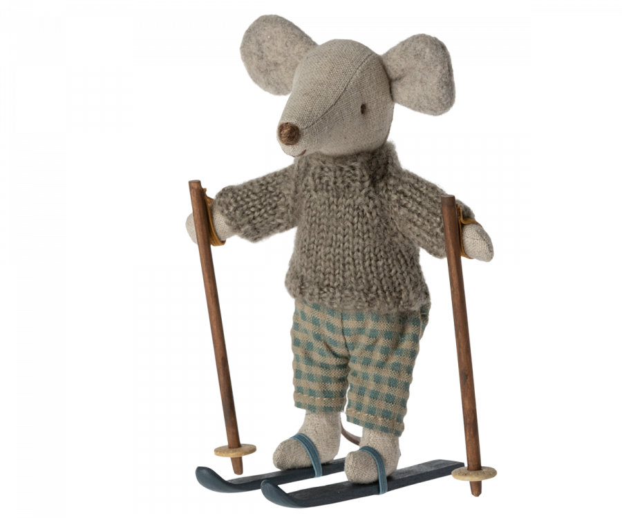 Maileg Vintermus Storebror Mus med Skidor och Grå Stickad Tröja